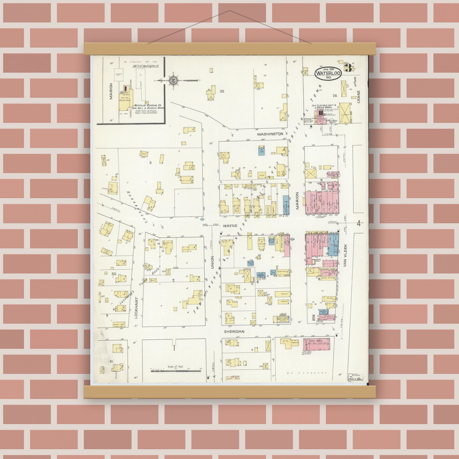 Old map wall art mockup — magnetic wood frame on brick wall — Sanborn Fire Insurance Map from Waterloo, De Kalb County, Indiana (1914), Sheet #0003