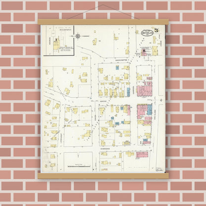 Old map wall art mockup — magnetic wood frame on brick wall — Sanborn Fire Insurance Map from Waterloo, De Kalb County, Indiana (1914), Sheet #0003