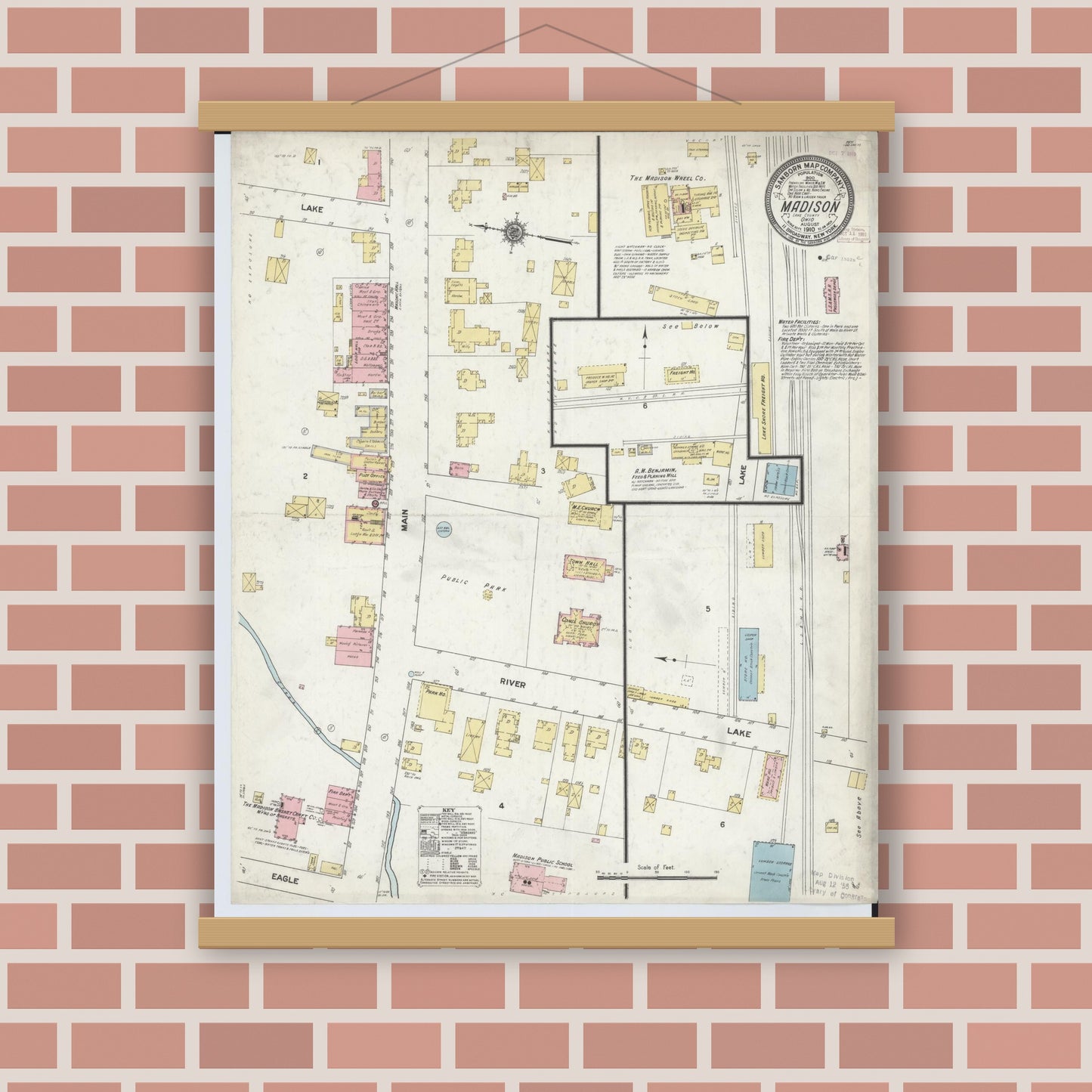Old map wall art mockup — magnetic wood frame on brick wall — Sanborn Fire Insurance Map from Madison, Lake County, Ohio (1910), Sheet #0001