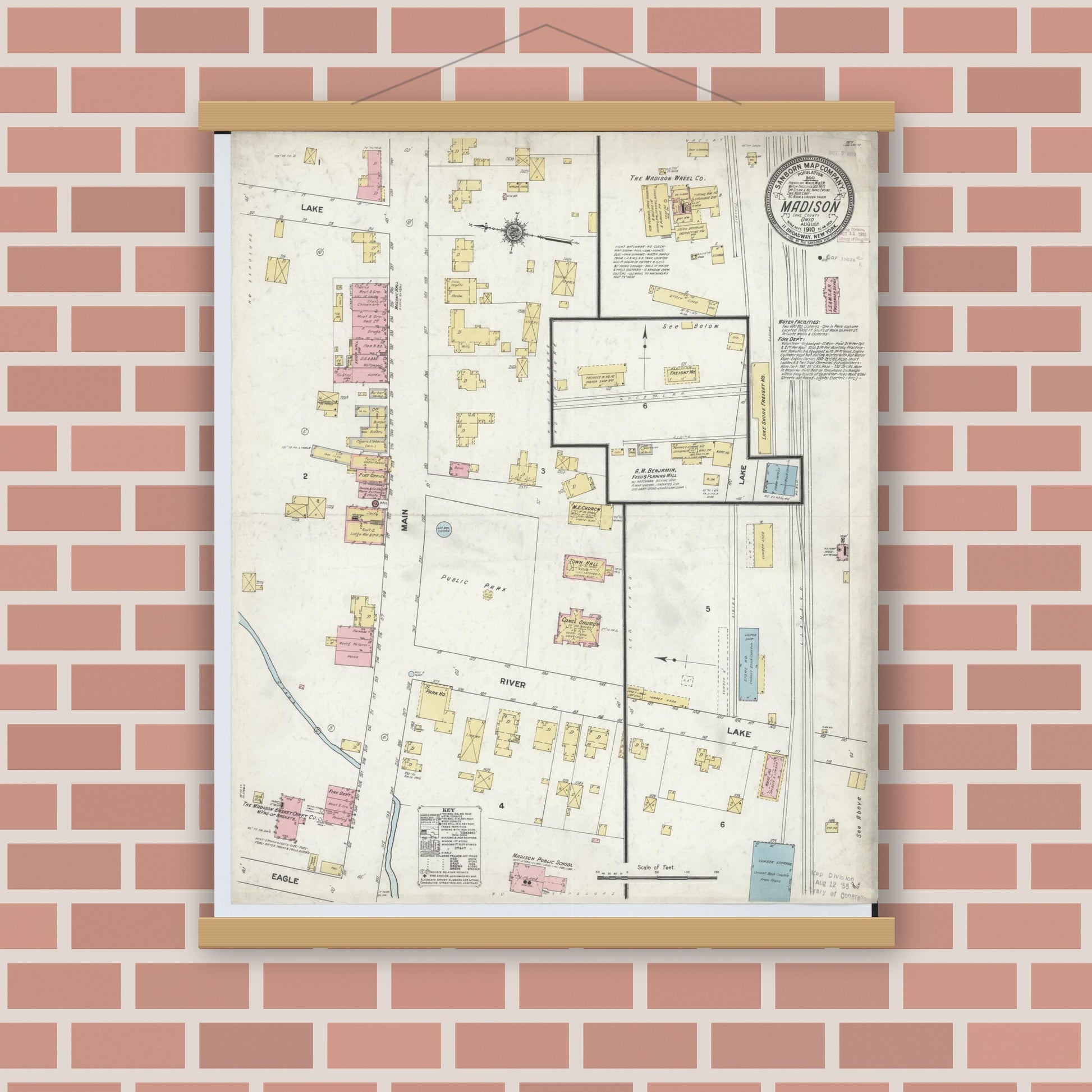 Old map wall art mockup — magnetic wood frame on brick wall — Sanborn Fire Insurance Map from Madison, Lake County, Ohio (1910), Sheet #0001