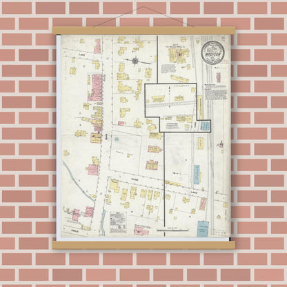 Old map wall art mockup — magnetic wood frame on brick wall — Sanborn Fire Insurance Map from Madison, Lake County, Ohio (1910), Sheet #0001