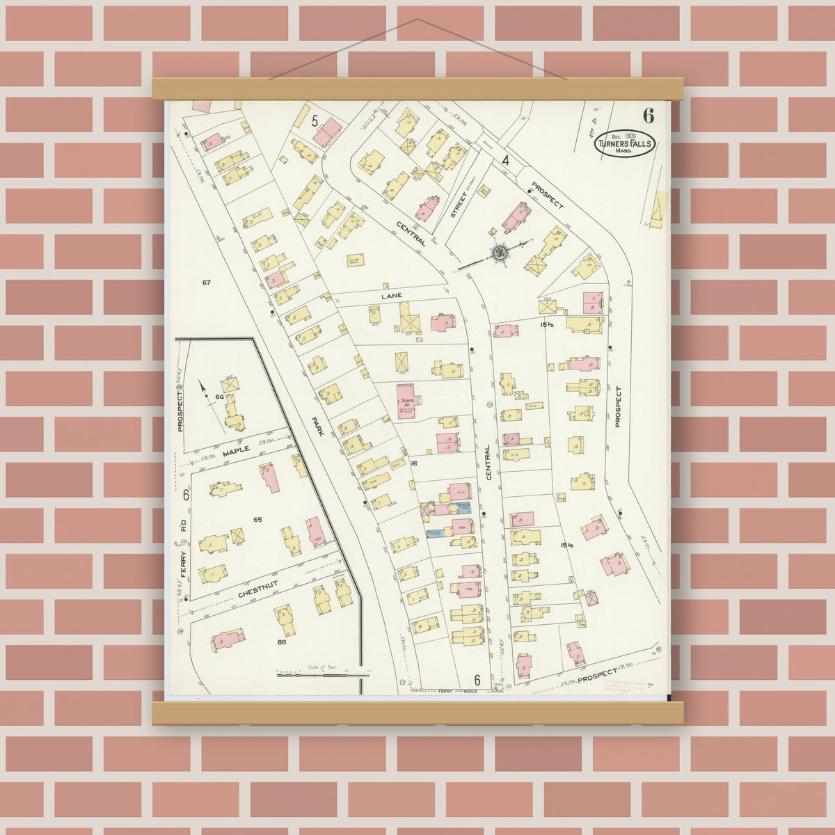 Old map wall art mockup — magnetic wood frame on brick wall — Sanborn Fire Insurance Map from Turners Falls, Franklin County, Massachusetts (1909), Sheet #0006