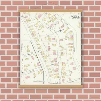Old map wall art mockup — magnetic wood frame on brick wall — Sanborn Fire Insurance Map from Turners Falls, Franklin County, Massachusetts (1909), Sheet #0006