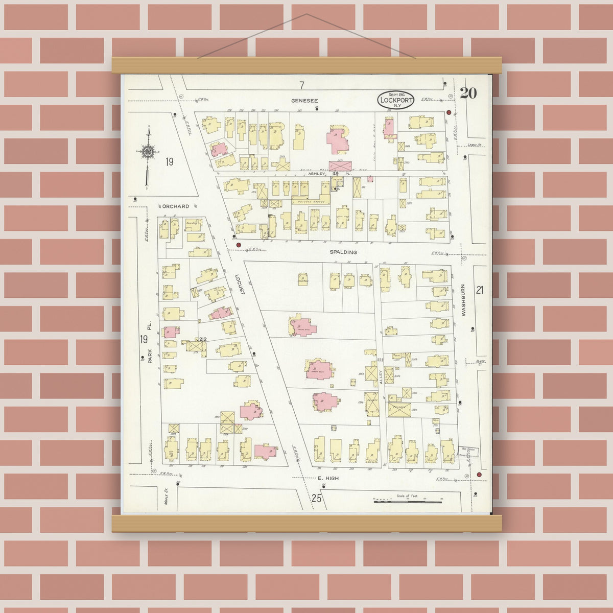 Old map wall art mockup — magnetic wood frame on brick wall — Sanborn Fire Insurance Map from Lockport, Niagara County, New York (1914), Sheet #0020