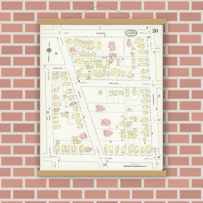 Old map wall art mockup — magnetic wood frame on brick wall — Sanborn Fire Insurance Map from Lockport, Niagara County, New York (1914), Sheet #0020