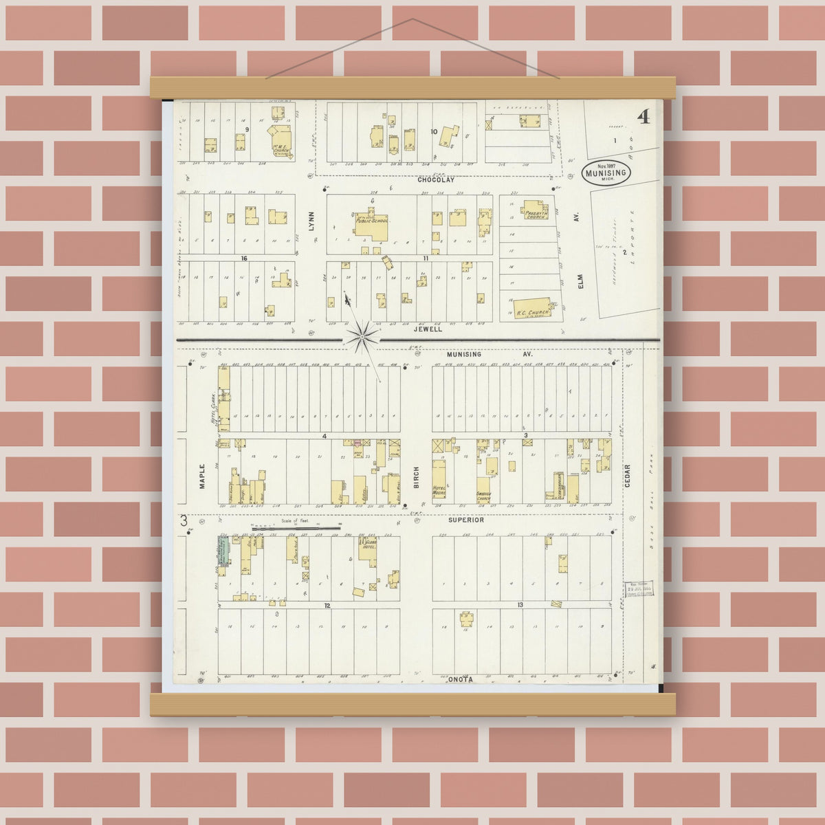 Old map wall art mockup — magnetic wood frame on brick wall — Sanborn Fire Insurance Map from Munising, Alger County, Michigan (1897), Sheet #0004