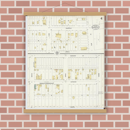 Old map wall art mockup — magnetic wood frame on brick wall — Sanborn Fire Insurance Map from Munising, Alger County, Michigan (1897), Sheet #0004