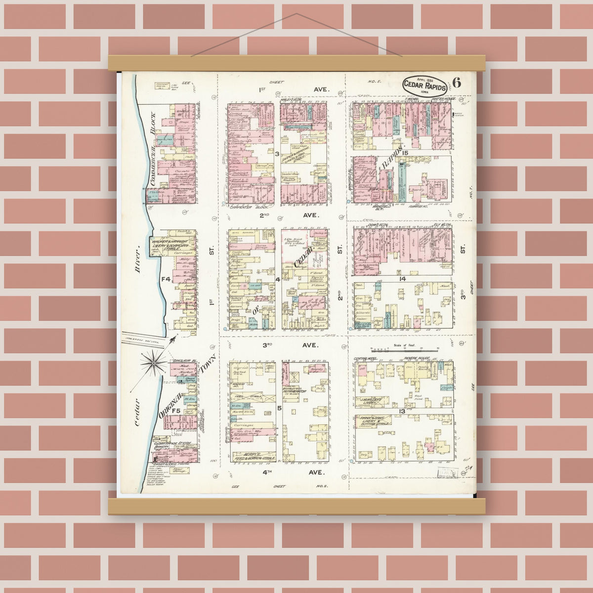 Old map wall art mockup — magnetic wood frame on brick wall — Sanborn Fire Insurance Map from Cedar Rapids, Linn County, Iowa (1884), Sheet #0006