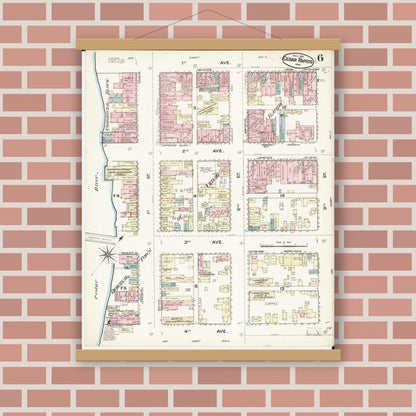 Old map wall art mockup — magnetic wood frame on brick wall — Sanborn Fire Insurance Map from Cedar Rapids, Linn County, Iowa (1884), Sheet #0006