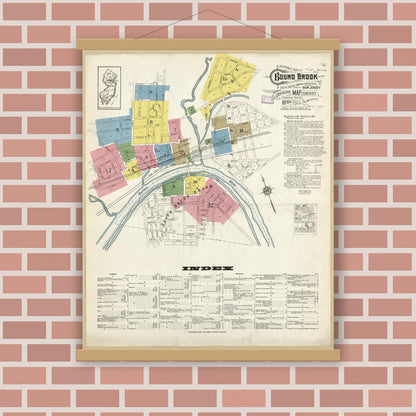 Old map wall art mockup — magnetic wood frame on brick wall — Sanborn Fire Insurance Map from Bound Brook, Somerset County, New Jersey (1916), Sheet #0001