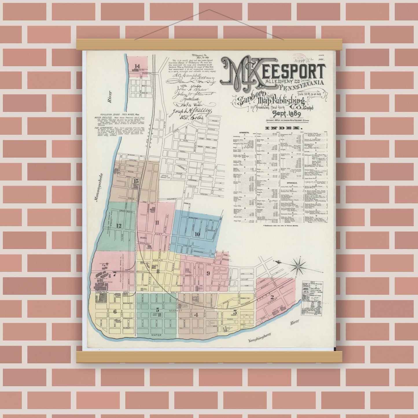 Old map wall art mockup — magnetic wood frame on brick wall — Sanborn Fire Insurance Map from McKeesport, Allegheny County, Pennsylvania (1889) - Complete Map Set