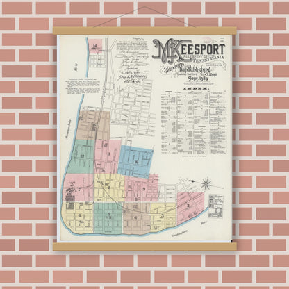 Old map wall art mockup — magnetic wood frame on brick wall — Sanborn Fire Insurance Map from McKeesport, Allegheny County, Pennsylvania (1889) - Complete Map Set