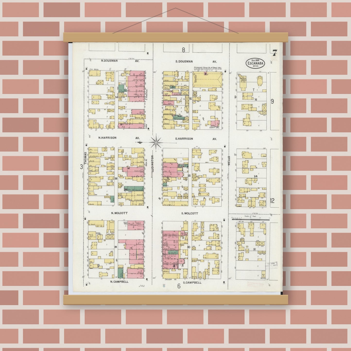 Old map wall art mockup — magnetic wood frame on brick wall — Sanborn Fire Insurance Map from Escanaba, Delta County, Michigan (1899), Sheet #0007