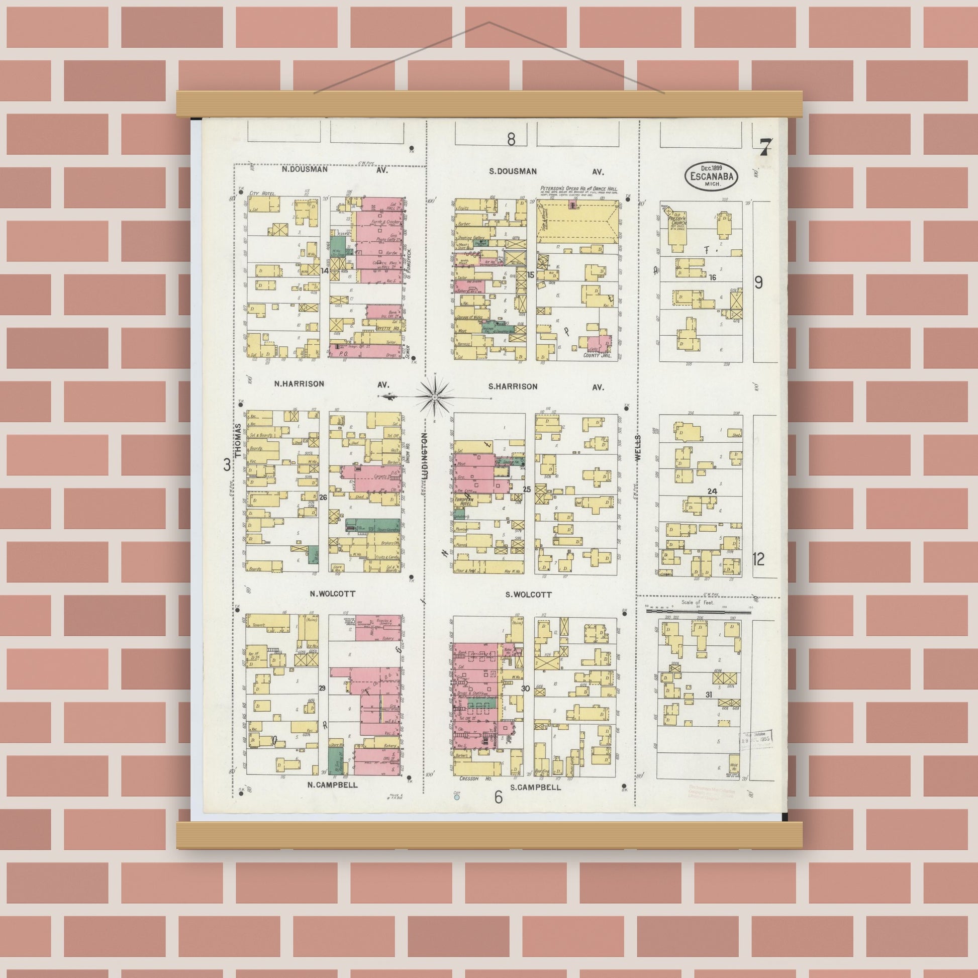 Old map wall art mockup — magnetic wood frame on brick wall — Sanborn Fire Insurance Map from Escanaba, Delta County, Michigan (1899), Sheet #0007