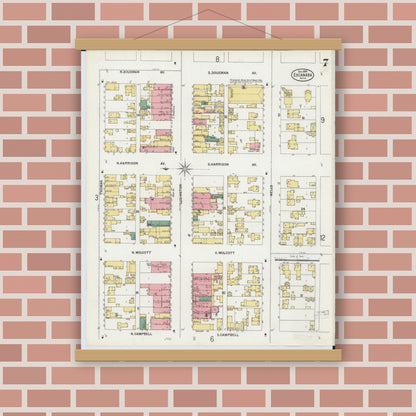 Old map wall art mockup — magnetic wood frame on brick wall — Sanborn Fire Insurance Map from Escanaba, Delta County, Michigan (1899), Sheet #0007