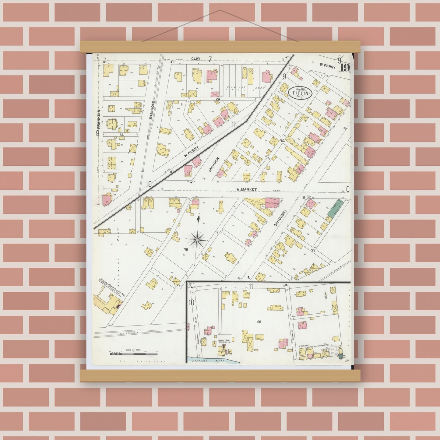 Old map wall art mockup — magnetic wood frame on brick wall — Sanborn Fire Insurance Map from Tiffin, Seneca County, Ohio (1901), Sheet #0019