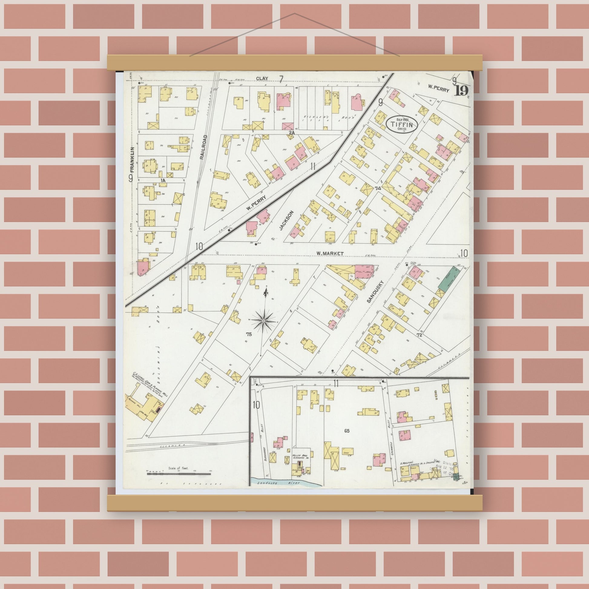 Old map wall art mockup — magnetic wood frame on brick wall — Sanborn Fire Insurance Map from Tiffin, Seneca County, Ohio (1901), Sheet #0019