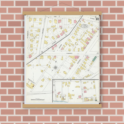 Old map wall art mockup — magnetic wood frame on brick wall — Sanborn Fire Insurance Map from Tiffin, Seneca County, Ohio (1901), Sheet #0019
