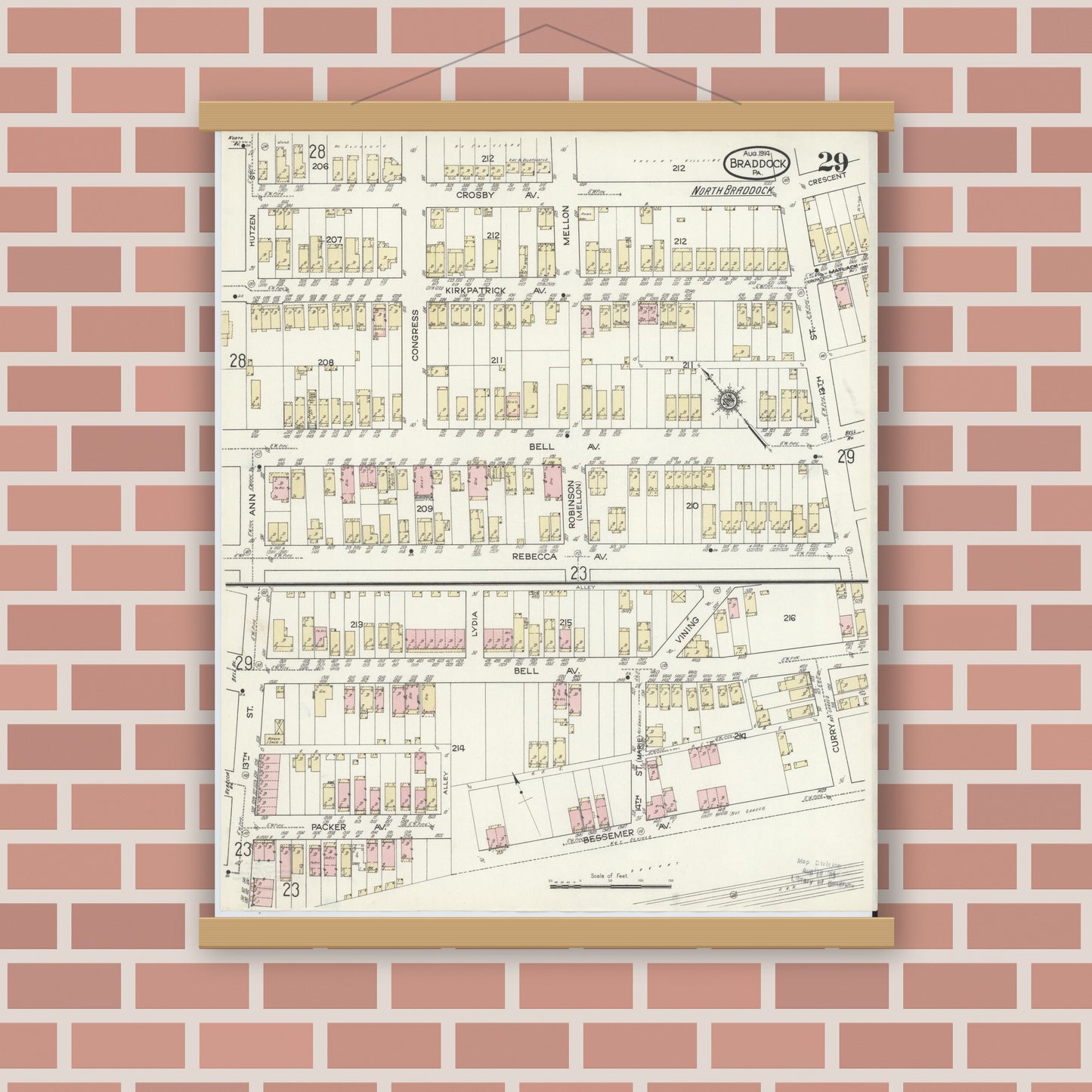 Old map wall art mockup — magnetic wood frame on brick wall — Sanborn Fire Insurance Map from Braddock, Allegheny County, Pennsylvania (1914), Sheet #0029