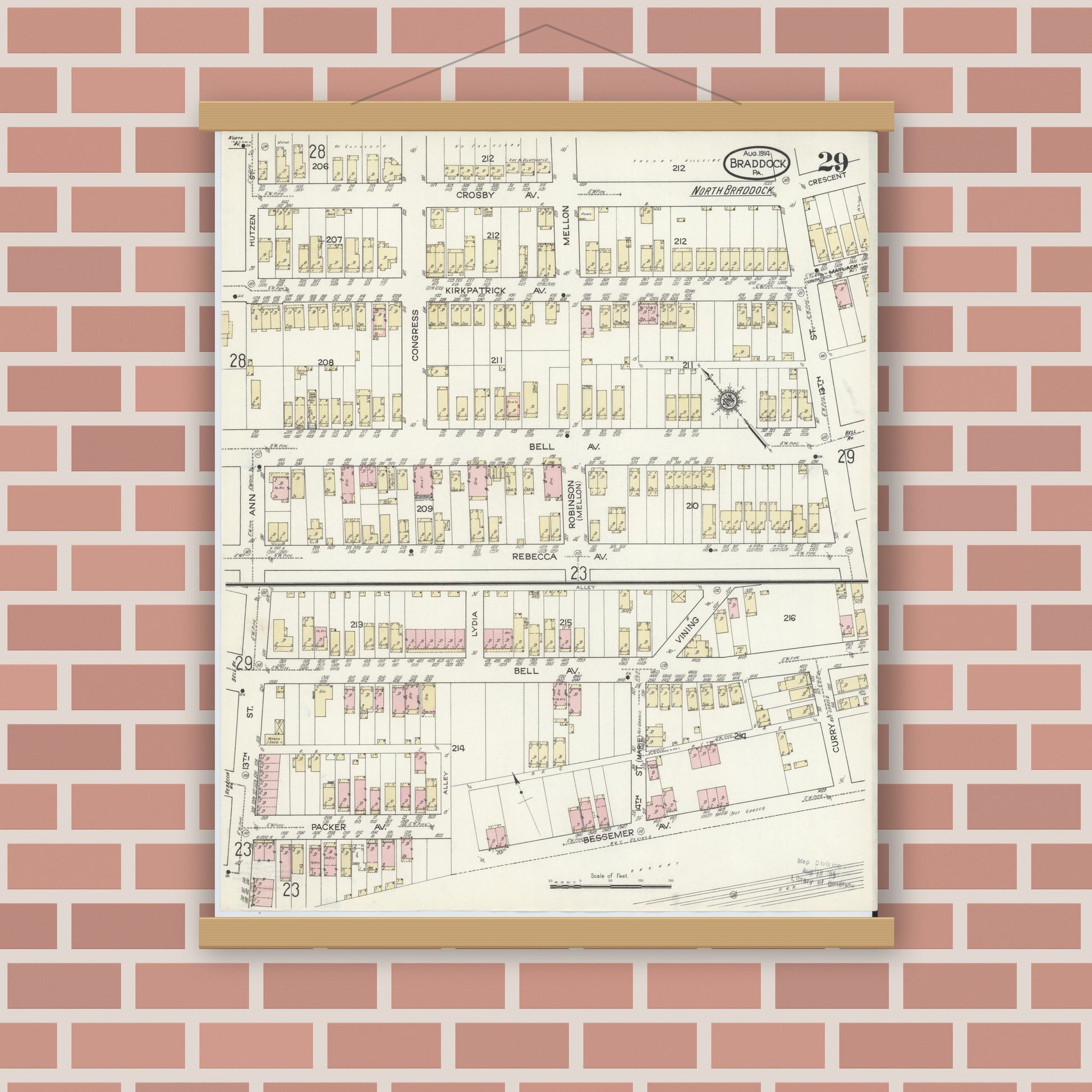 Old map wall art mockup — magnetic wood frame on brick wall — Sanborn Fire Insurance Map from Braddock, Allegheny County, Pennsylvania (1914), Sheet #0029