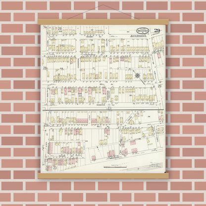 Old map wall art mockup — magnetic wood frame on brick wall — Sanborn Fire Insurance Map from Braddock, Allegheny County, Pennsylvania (1914), Sheet #0029