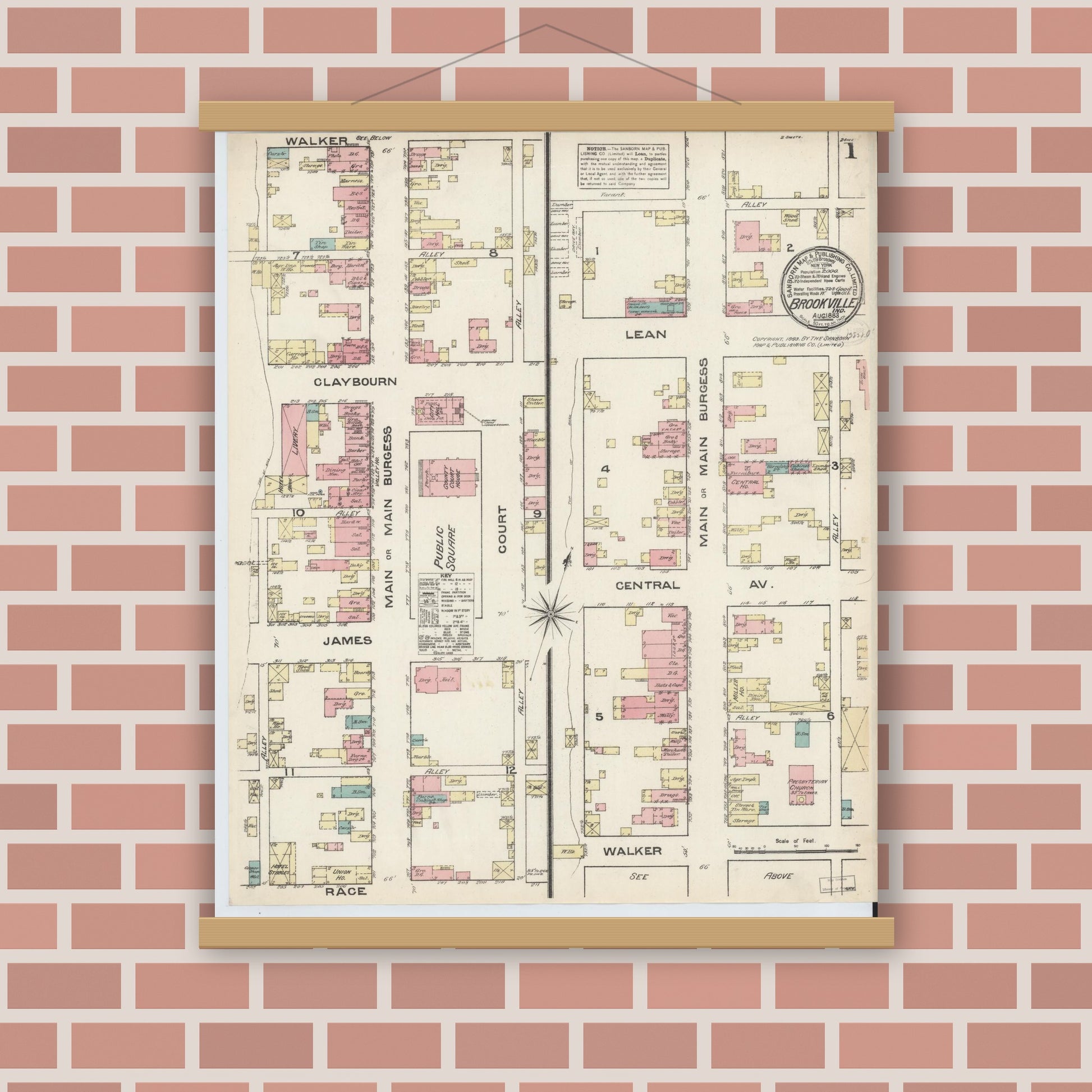 Old map wall art mockup — magnetic wood frame on brick wall — Sanborn Fire Insurance Map from Brookville, Franklin County, Indiana (1883) - Complete Map Set