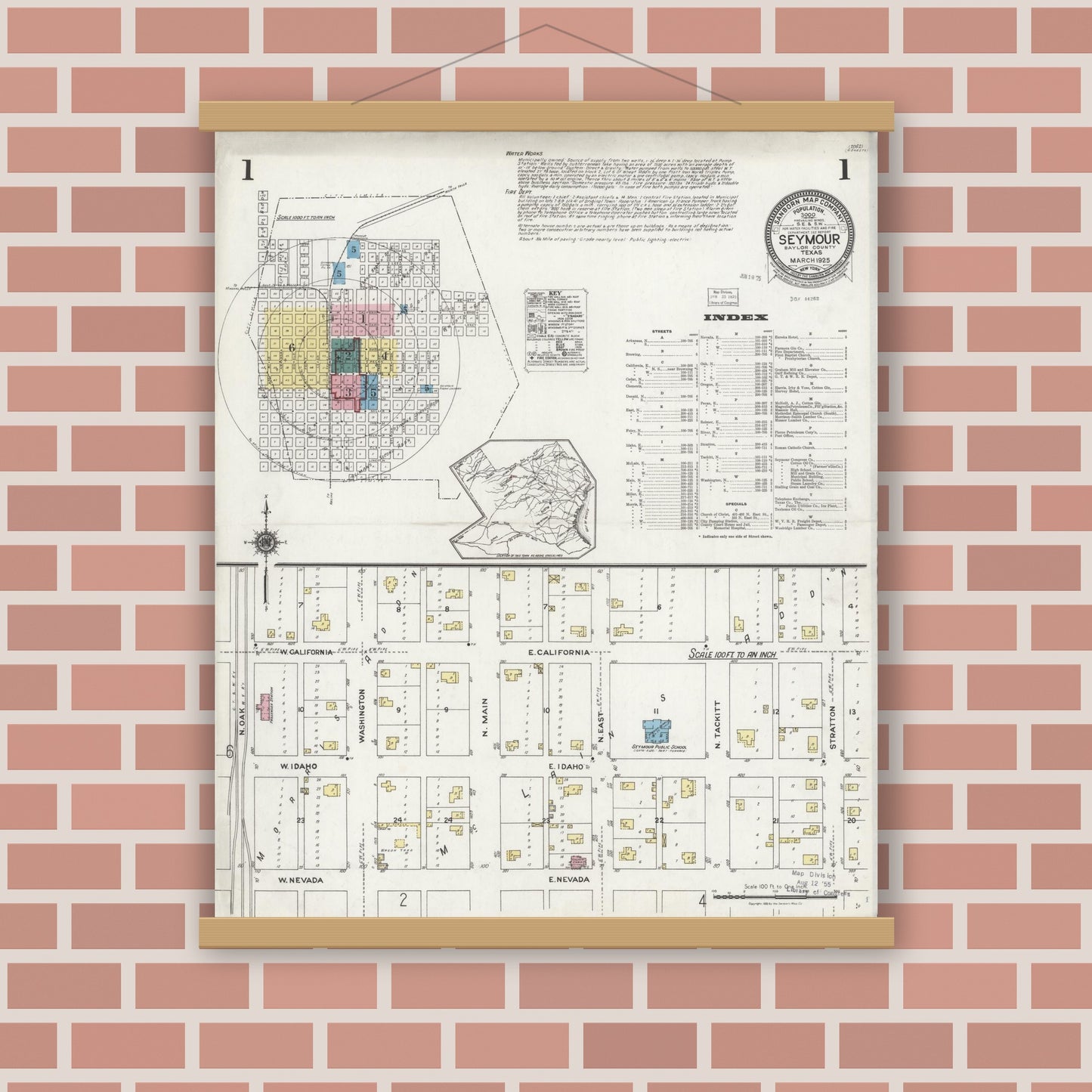 Old map wall art mockup — magnetic wood frame on brick wall — Sanborn Fire Insurance Map from Seymour, Baylor County, Texas (1925) - Complete Map Set