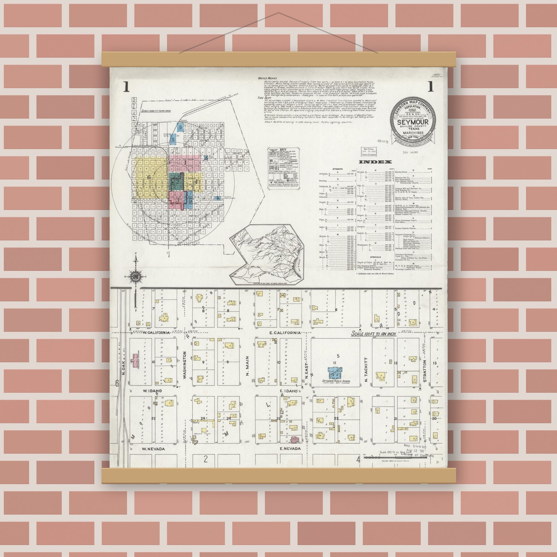 Old map wall art mockup — magnetic wood frame on brick wall — Sanborn Fire Insurance Map from Seymour, Baylor County, Texas (1925) - Complete Map Set