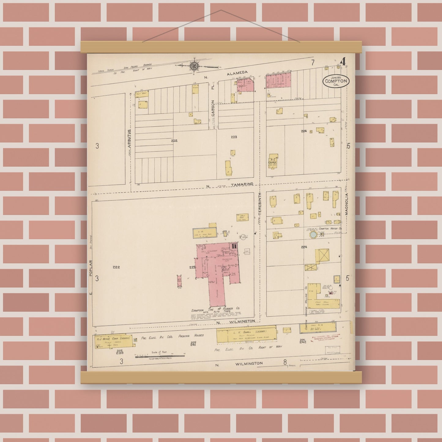 Old map wall art mockup — magnetic wood frame on brick wall — Sanborn Fire Insurance Map from Compton, Los Angeles County, California (1922), Sheet #0004
