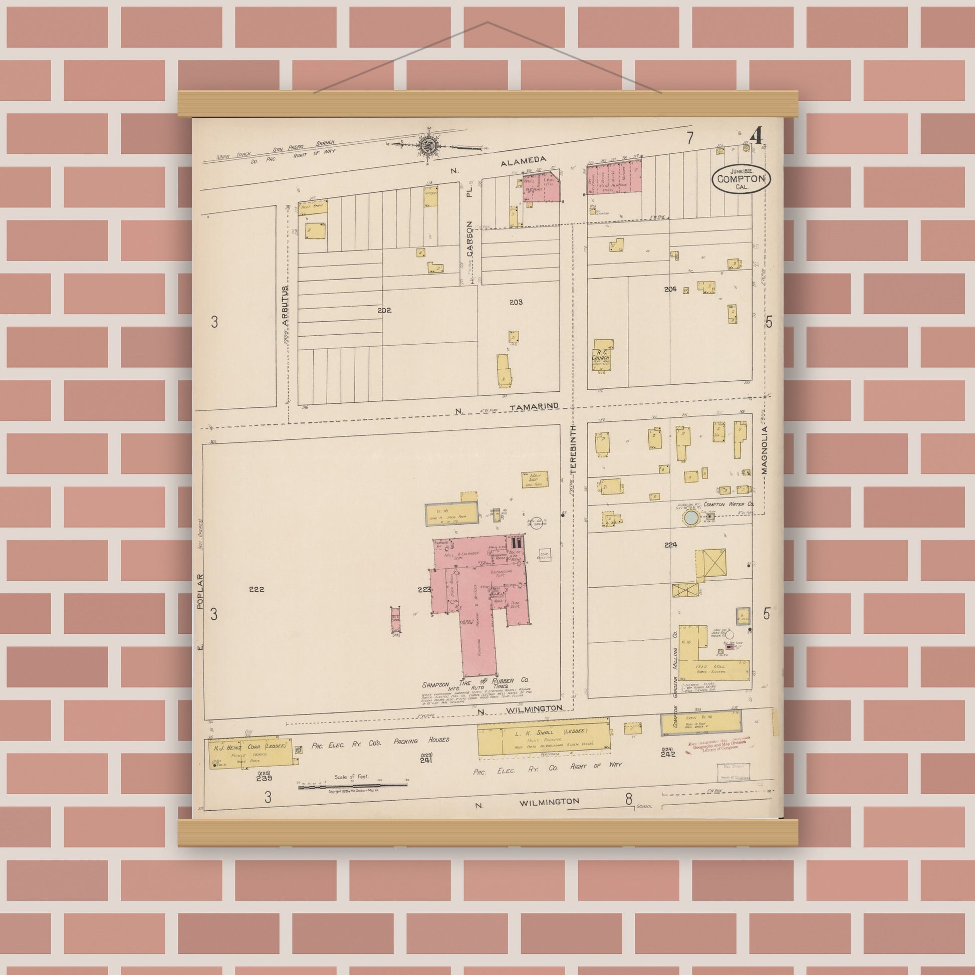 Old map wall art mockup — magnetic wood frame on brick wall — Sanborn Fire Insurance Map from Compton, Los Angeles County, California (1922), Sheet #0004