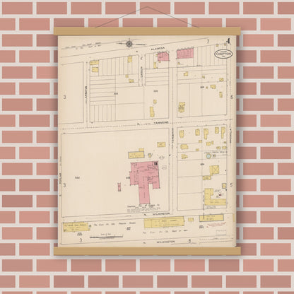 Old map wall art mockup — magnetic wood frame on brick wall — Sanborn Fire Insurance Map from Compton, Los Angeles County, California (1922), Sheet #0004