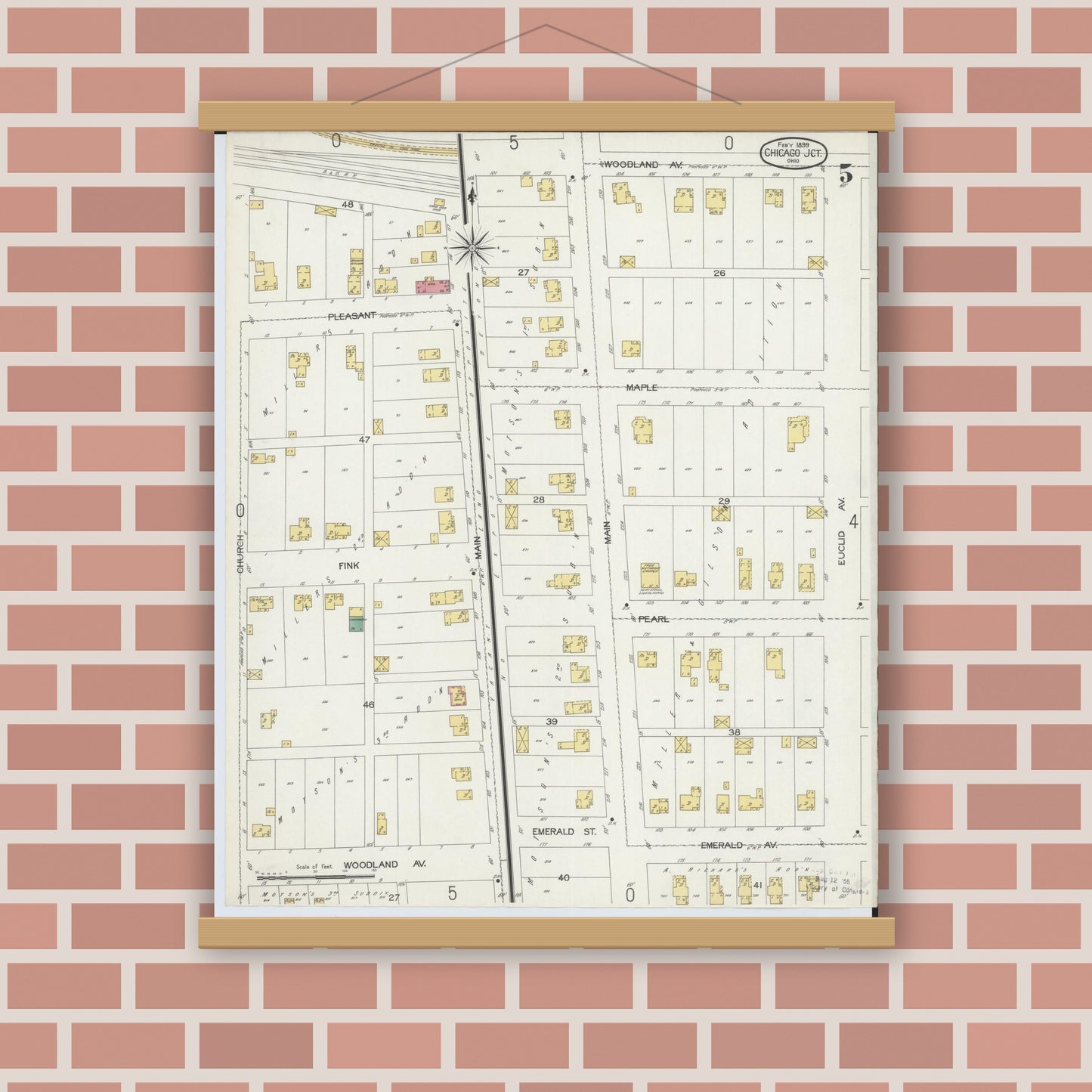 Old map wall art mockup — magnetic wood frame on brick wall — Sanborn Fire Insurance Map from Chicago Junction, Huron County, Ohio (1899), Sheet #0005