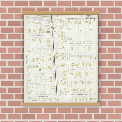 Old map wall art mockup — magnetic wood frame on brick wall — Sanborn Fire Insurance Map from Chicago Junction, Huron County, Ohio (1899), Sheet #0005