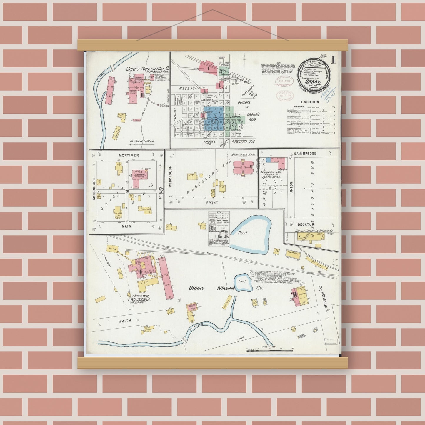 Old map wall art mockup — magnetic wood frame on brick wall — Sanborn Fire Insurance Map from Barry, Pike County, Illinois (1898) - Complete Map Set