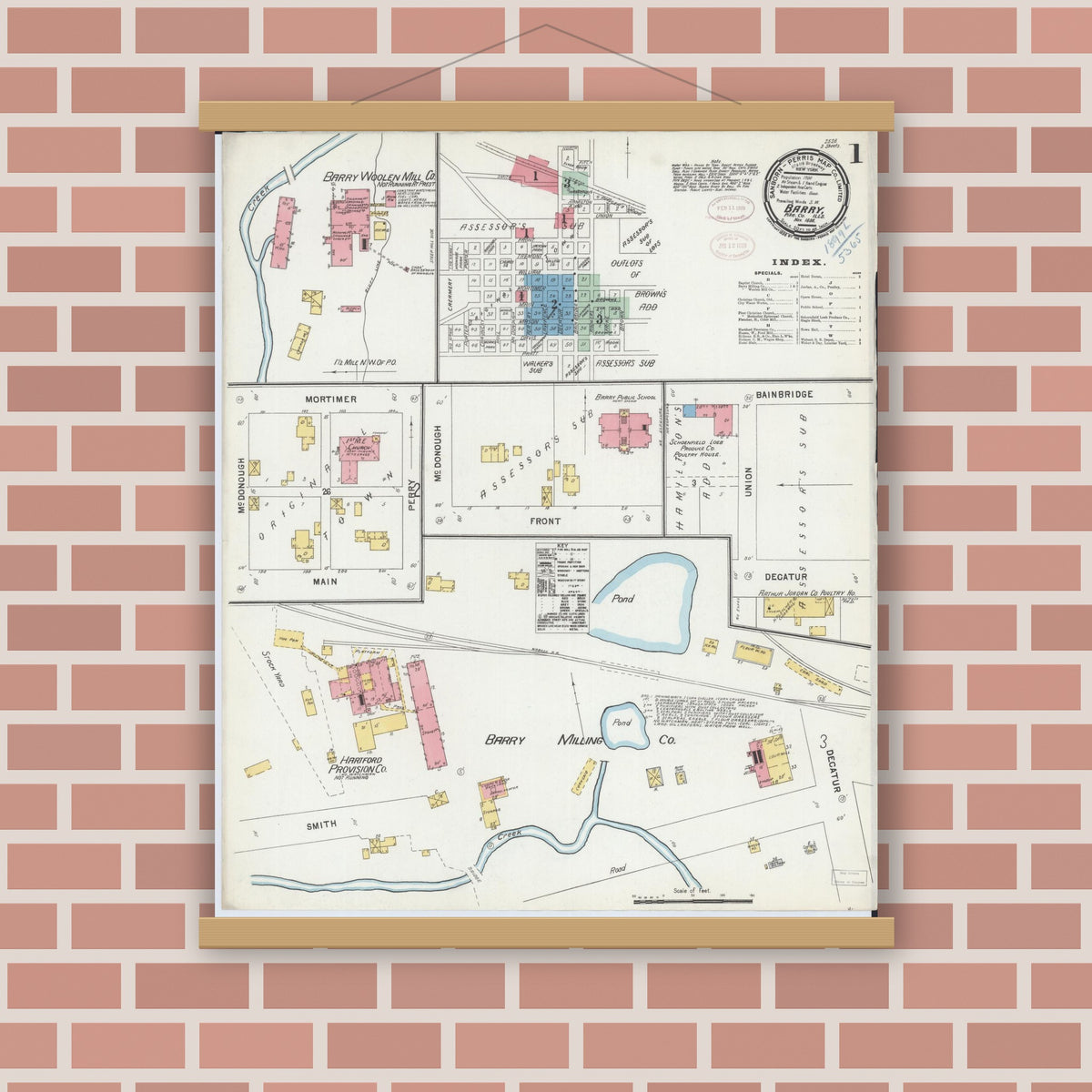 Old map wall art mockup — magnetic wood frame on brick wall — Sanborn Fire Insurance Map from Barry, Pike County, Illinois (1898) - Complete Map Set