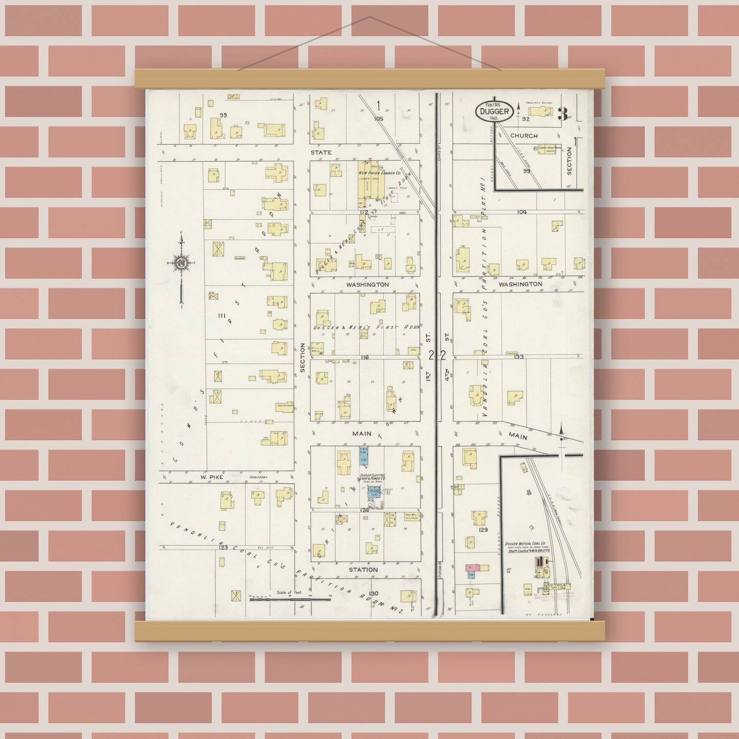 Old map wall art mockup — magnetic wood frame on brick wall — Sanborn Fire Insurance Map from Dugger, Sullivan County, Indiana (1915), Sheet #0003