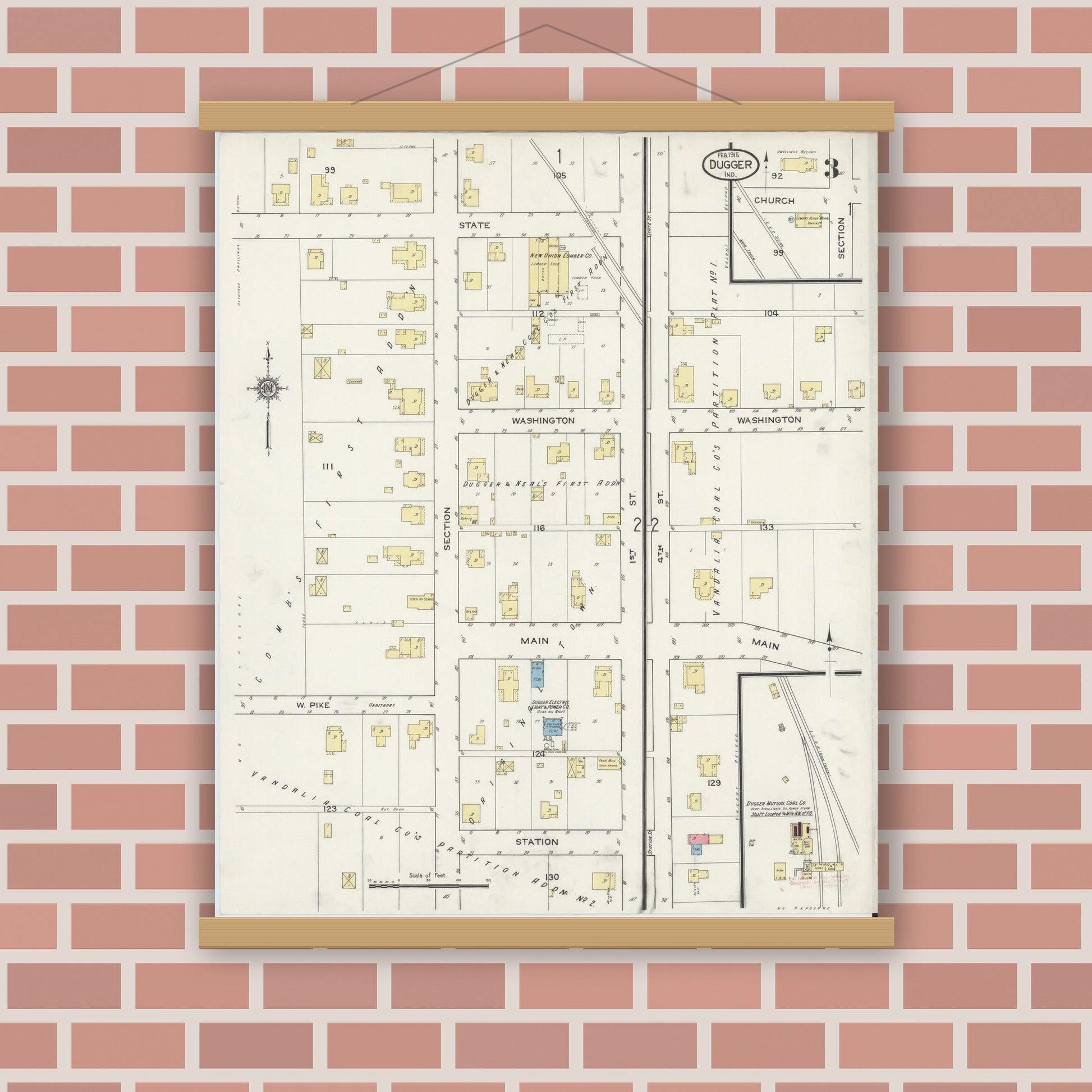Old map wall art mockup — magnetic wood frame on brick wall — Sanborn Fire Insurance Map from Dugger, Sullivan County, Indiana (1915), Sheet #0003