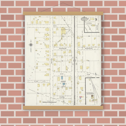 Old map wall art mockup — magnetic wood frame on brick wall — Sanborn Fire Insurance Map from Dugger, Sullivan County, Indiana (1915), Sheet #0003