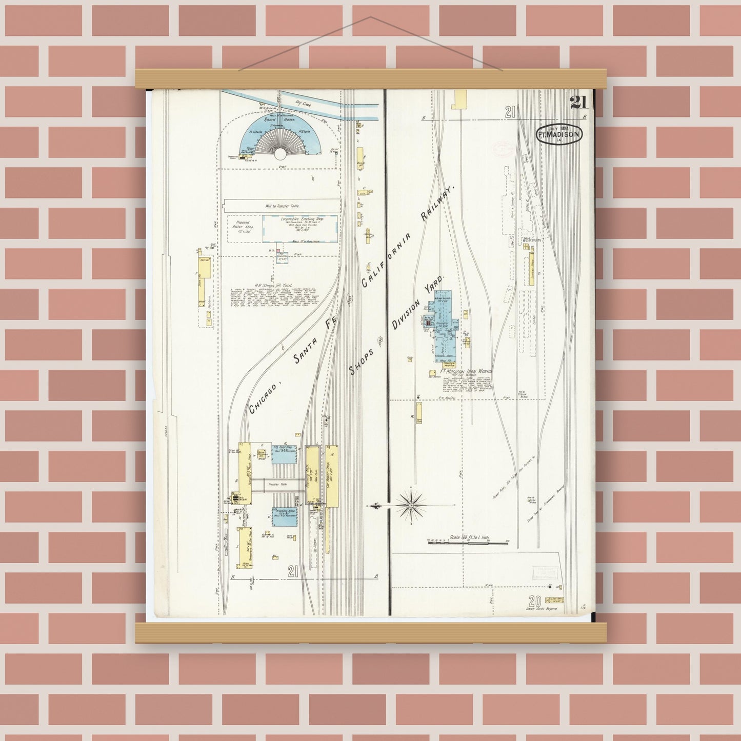 Old map wall art mockup — magnetic wood frame on brick wall — Sanborn Fire Insurance Map from Fort Madison, Lee County, Iowa (1894), Sheet #0021