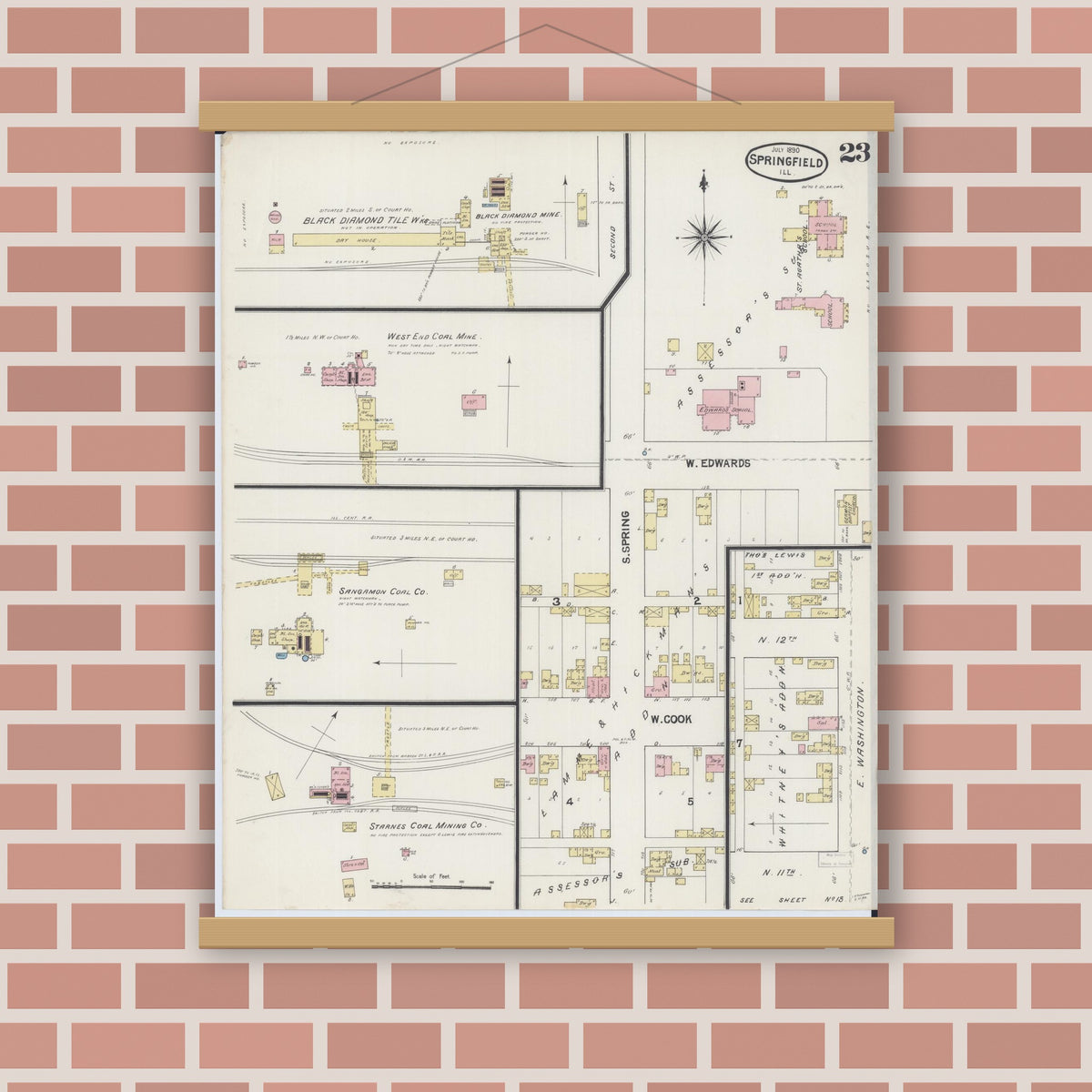 Old map wall art mockup — magnetic wood frame on brick wall — Sanborn Fire Insurance Map from Springfield, Sangamon County, Illinois (1890), Sheet #0023