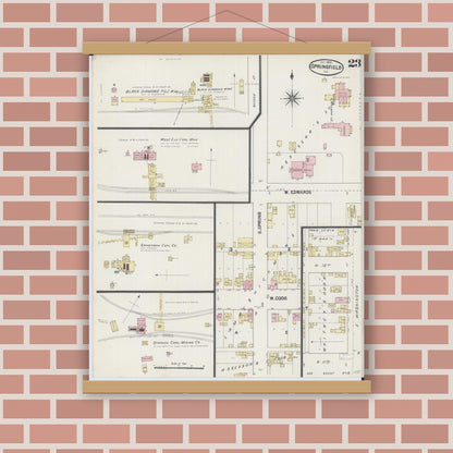 Old map wall art mockup — magnetic wood frame on brick wall — Sanborn Fire Insurance Map from Springfield, Sangamon County, Illinois (1890), Sheet #0023
