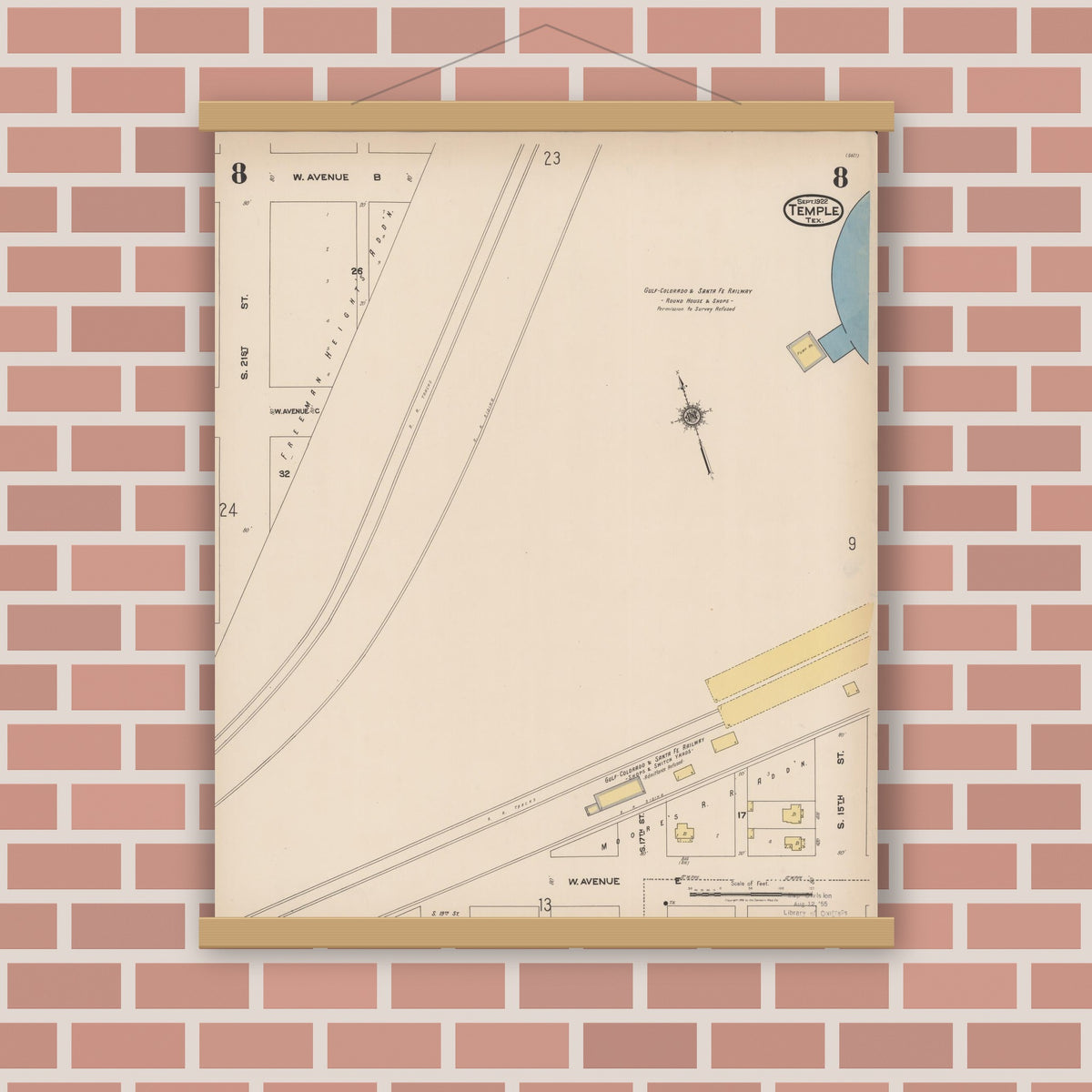 Old map wall art mockup — magnetic wood frame on brick wall — Sanborn Fire Insurance Map from Temple, Bell County, Texas (1922), Sheet #0008