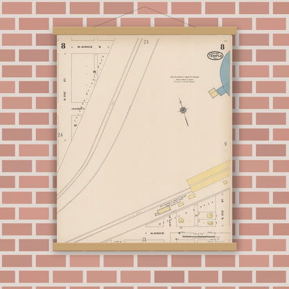Old map wall art mockup — magnetic wood frame on brick wall — Sanborn Fire Insurance Map from Temple, Bell County, Texas (1922), Sheet #0008