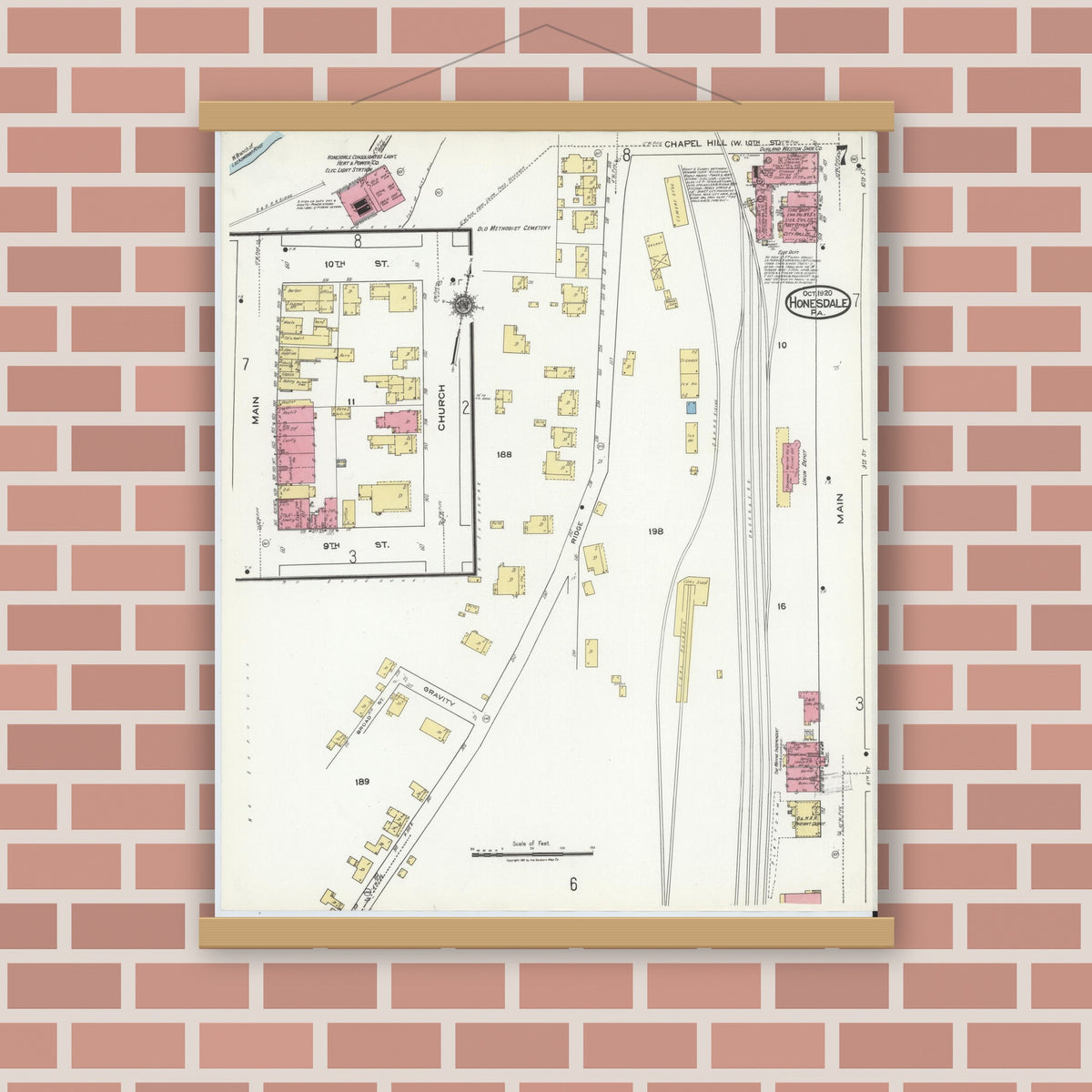Old map wall art mockup — magnetic wood frame on brick wall — Sanborn Fire Insurance Map from Honesdale, Wayne County, Pennsylvania (1920), Sheet #0007