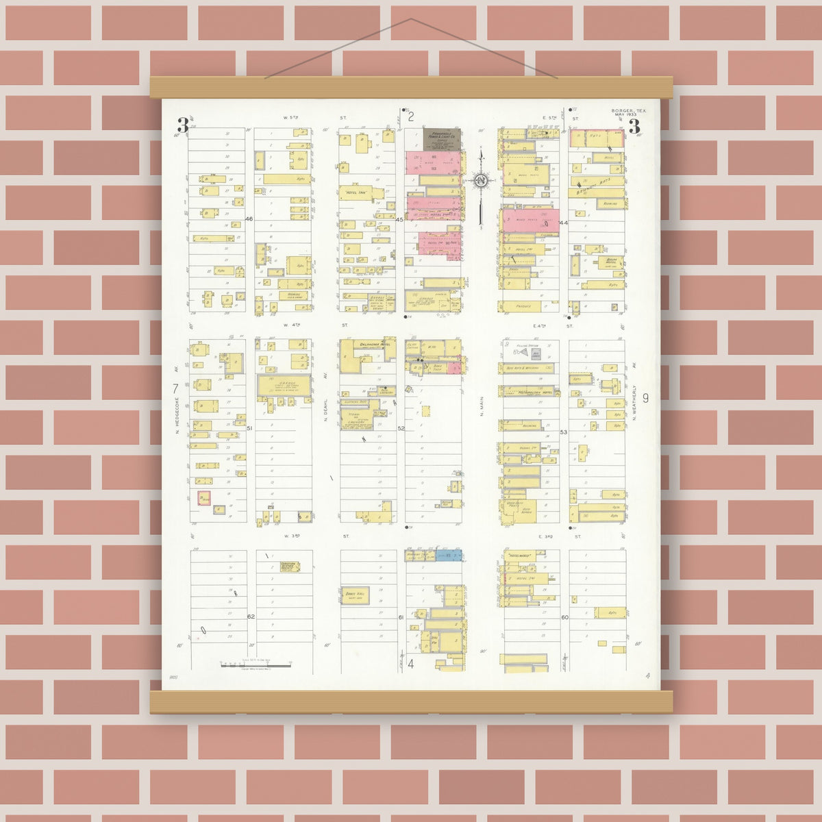 Old map wall art mockup — magnetic wood frame on brick wall — Sanborn Fire Insurance Map from Borger, Hutchinson County, Texas (1933), Sheet #0003