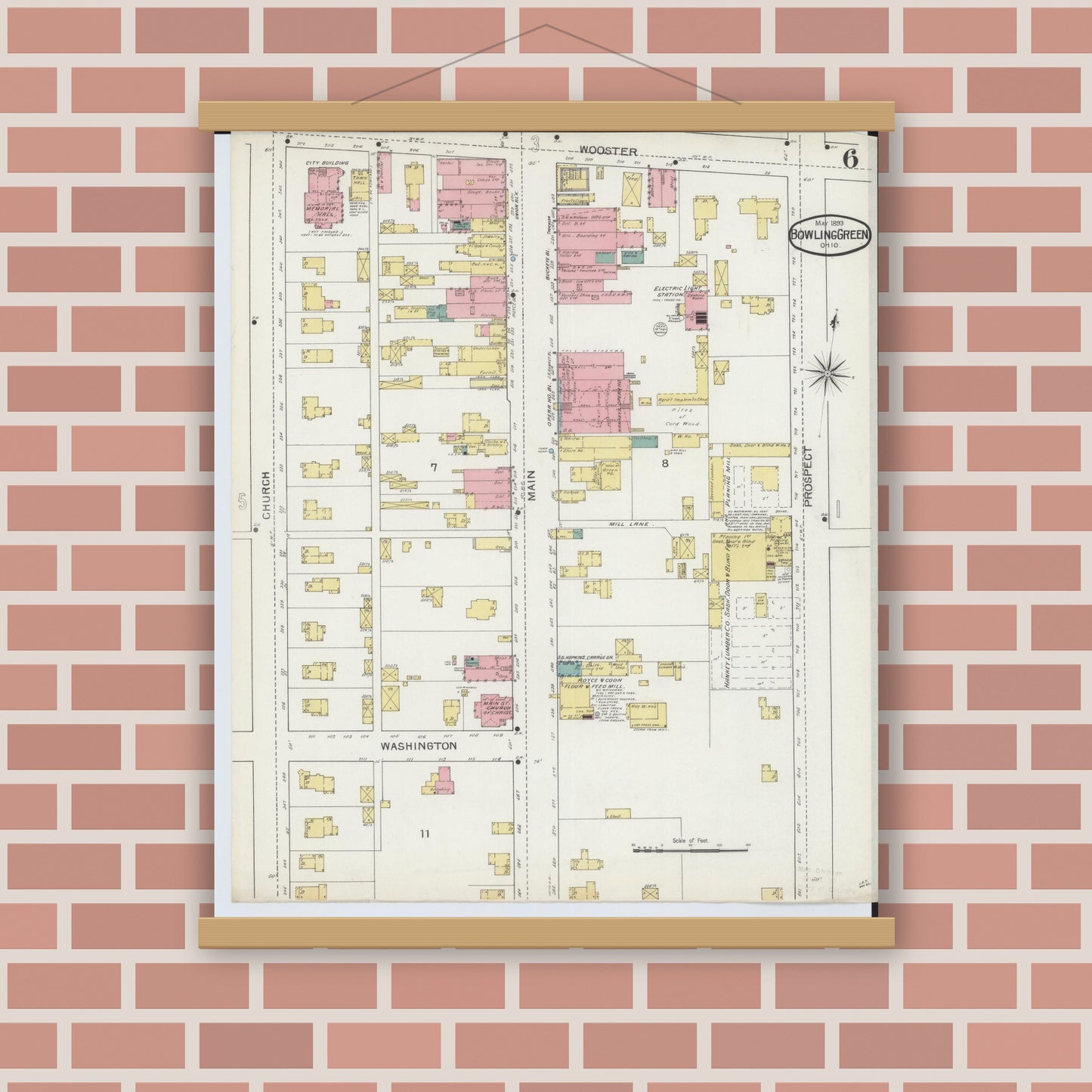 Old map wall art mockup — magnetic wood frame on brick wall — Sanborn Fire Insurance Map from Bowling Green, Wood County, Ohio (1893), Sheet #0006