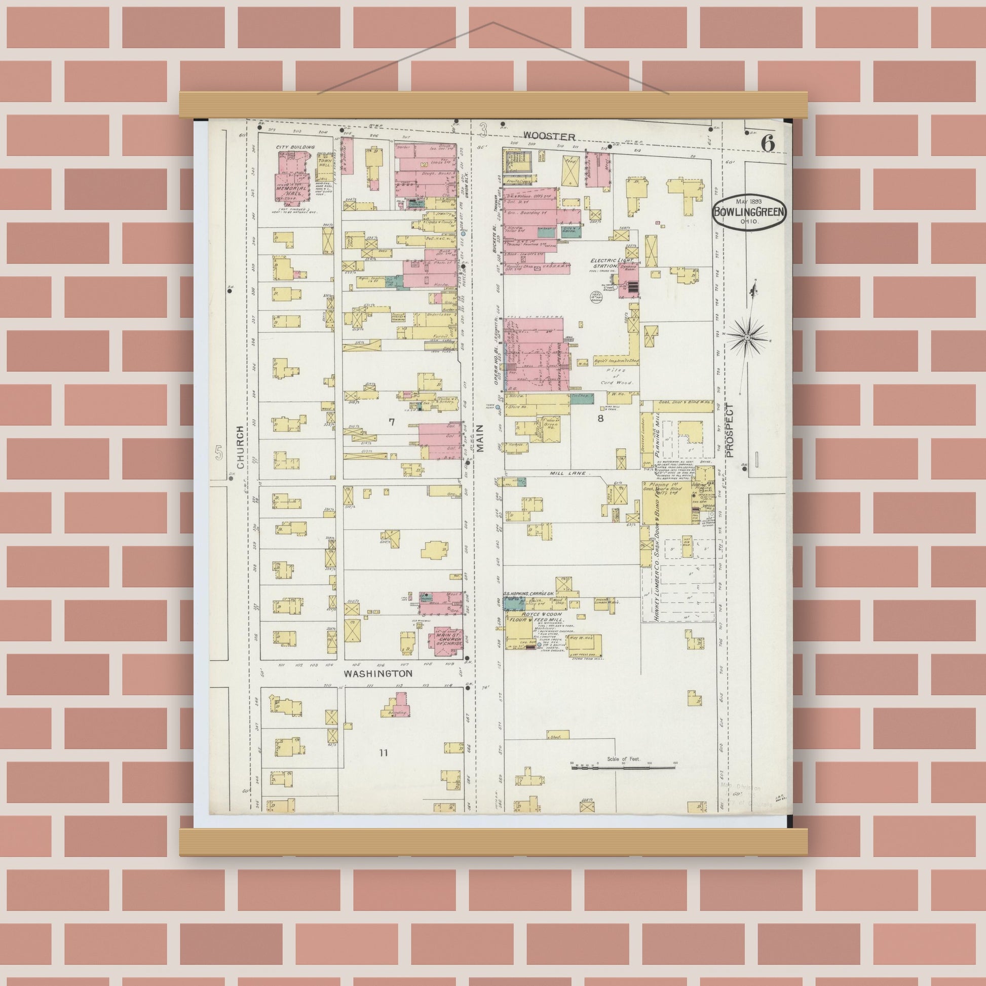 Old map wall art mockup — magnetic wood frame on brick wall — Sanborn Fire Insurance Map from Bowling Green, Wood County, Ohio (1893), Sheet #0006