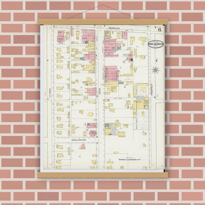 Old map wall art mockup — magnetic wood frame on brick wall — Sanborn Fire Insurance Map from Bowling Green, Wood County, Ohio (1893), Sheet #0006