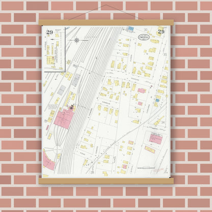 Old map wall art mockup — magnetic wood frame on brick wall — Sanborn Fire Insurance Map from Owosso, Shiawassee County, Michigan (1930), Sheet #0029