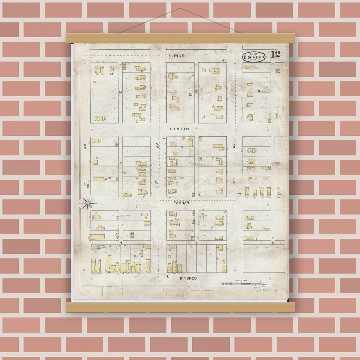 Old map wall art mockup — magnetic wood frame on brick wall — Sanborn Fire Insurance Map from Brainerd, Crow Wing County, Minnesota (1892), Sheet #0012